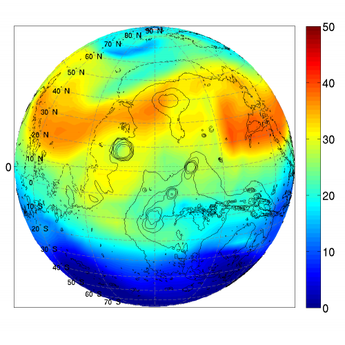 Distribution of H2O2 on Mars around fall equinox, as simulated by GEM-Mars (column-integrated volume mixing ratio, parts per billion). The simulated values correspond well to observations performed from a telescope based on Hawaï by Thérèse Encrenaz (Observatoire de Paris, France). The map is centered on the Tharsis region with 4 major volcanoes. 